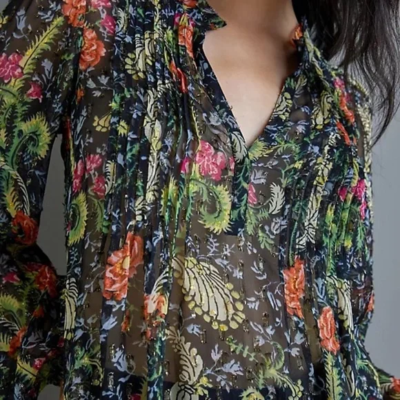 Anthropologie Danae Classic Sheer Women’s Floral Long Sleeve Blouse Size Small - Picture 2 of 9